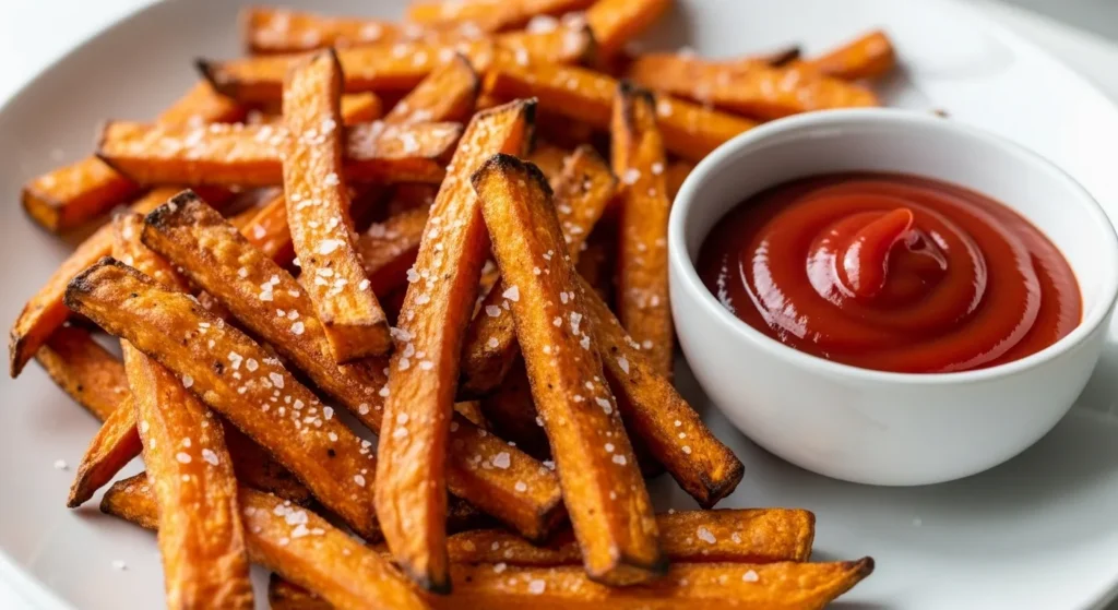 Crispy baked sweet potato fries ready to eat.