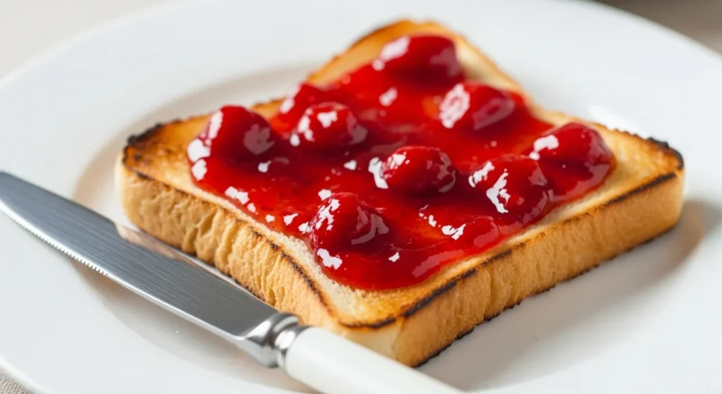 Slice of toast with strawberry jam.
