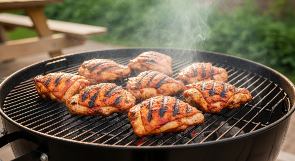 Charred jerk marinated chicken on a grill