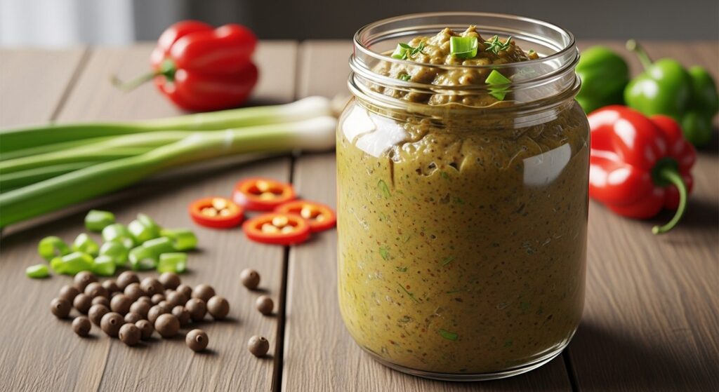 Blended Jamaican jerk marinade in a glass jar