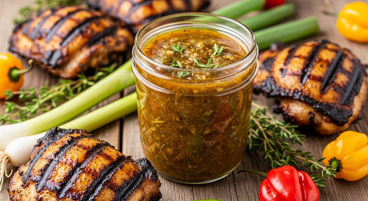 Jamaican jerk marinade in a jar with grilled chicken
