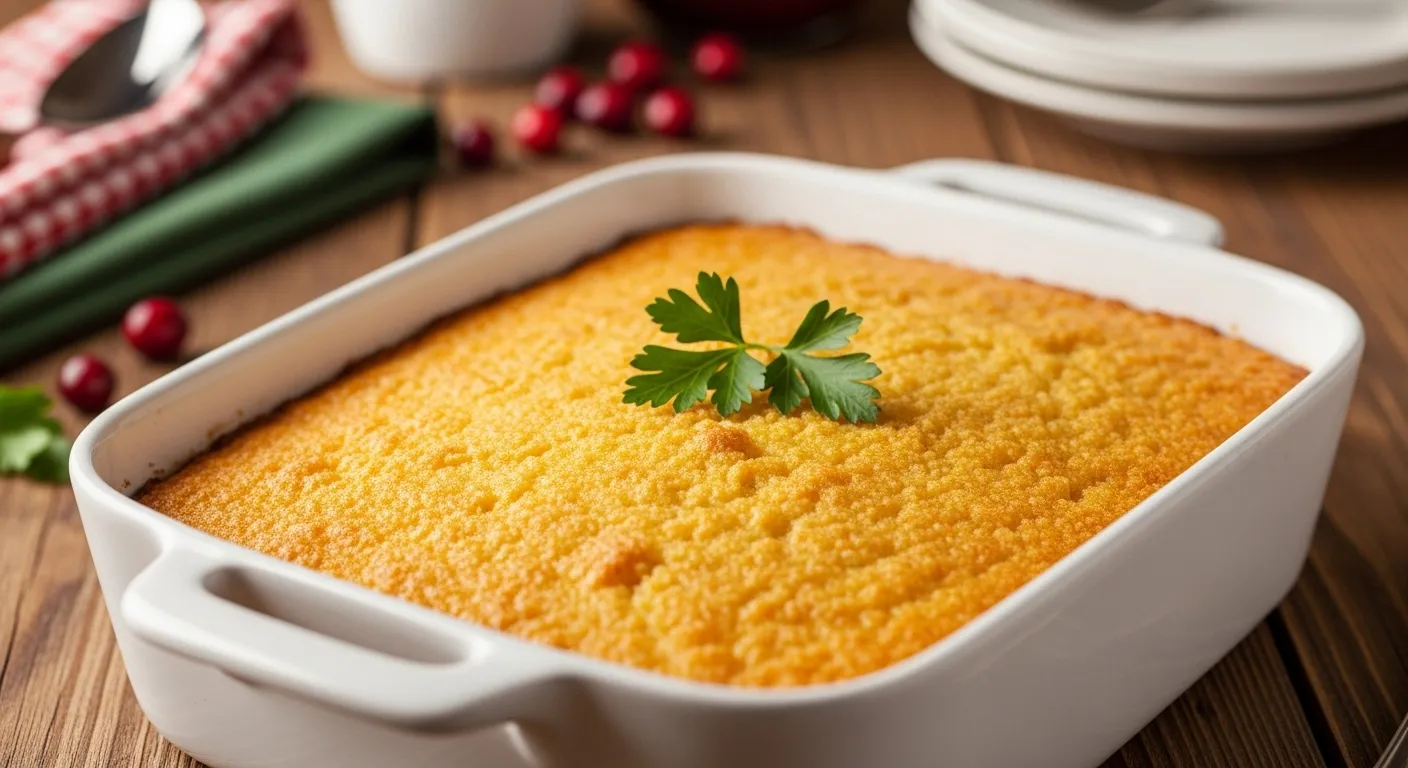 Golden Jiffy cornbread dressing in a dish with parsley garnish.