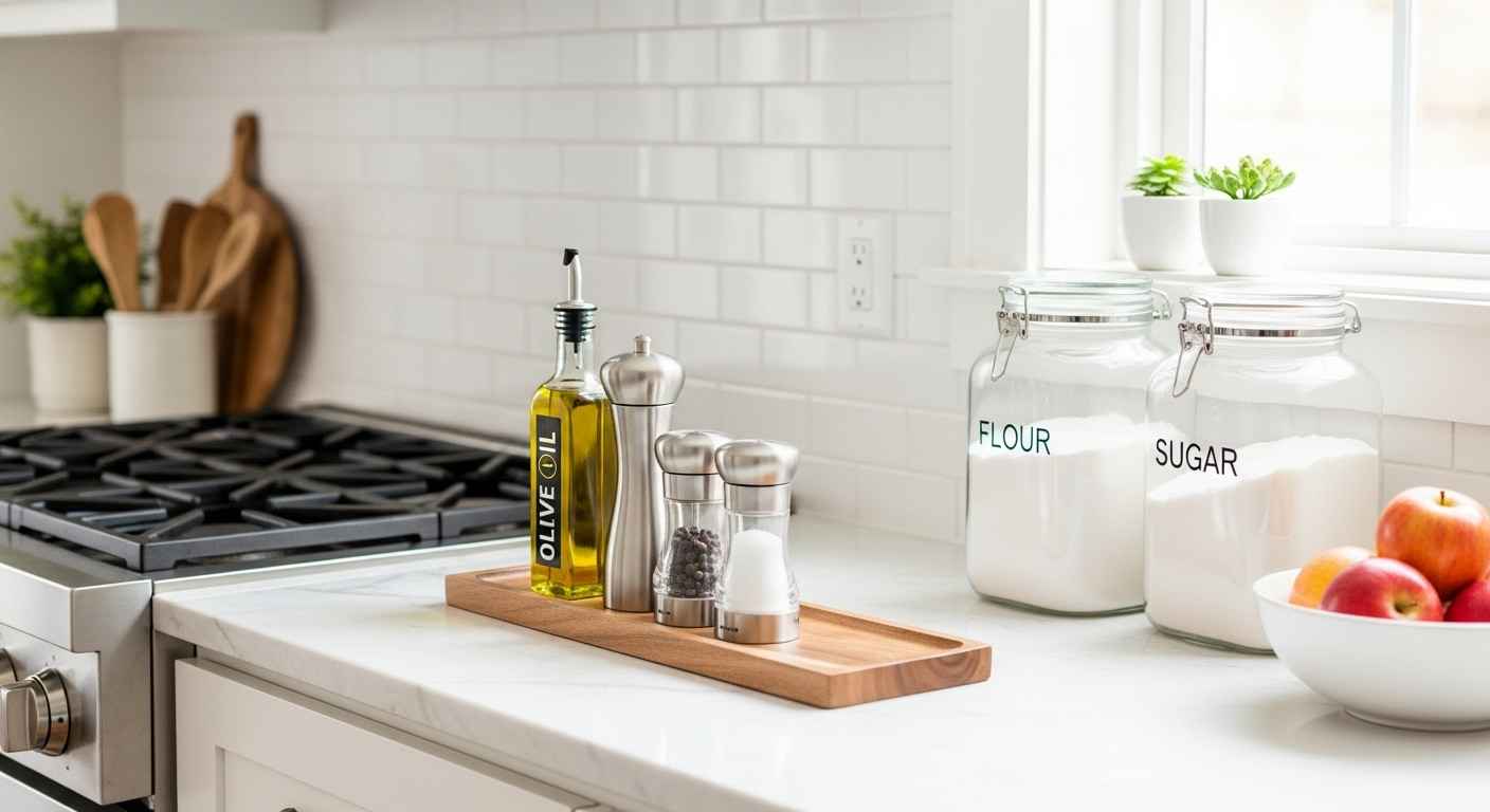 Bright kitchen counter with organized tools and canisters.