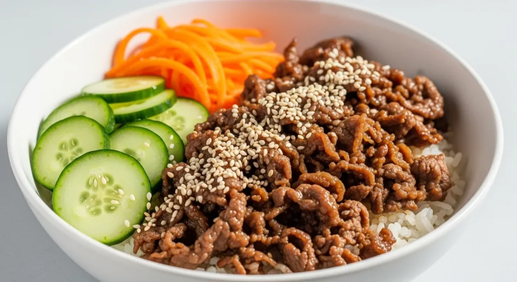 Korean Beef Bulgogi Bowl with sliced beef, rice, and colorful vegetables.