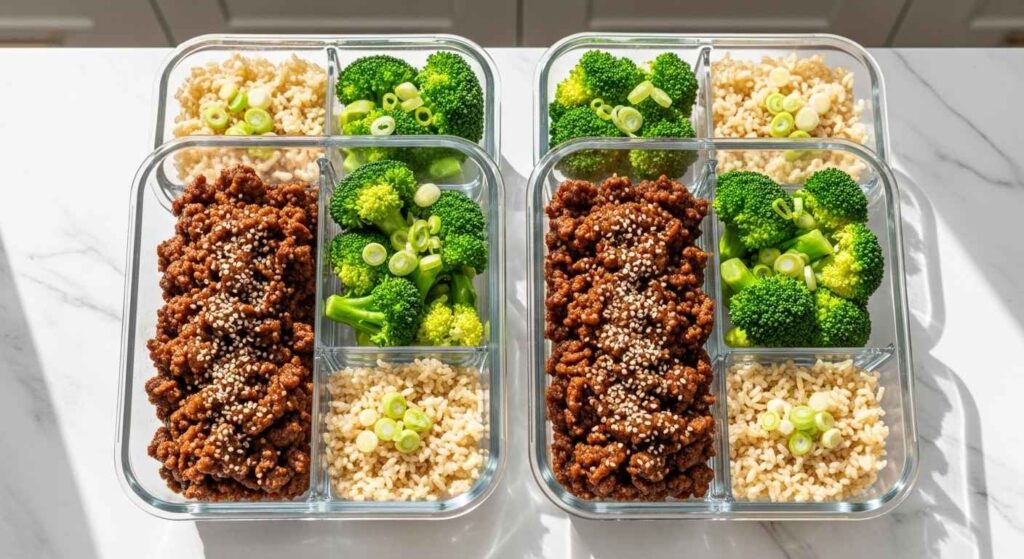 Korean ground beef meal prep bowls with brown rice, seasoned beef, and broccoli in glass containers