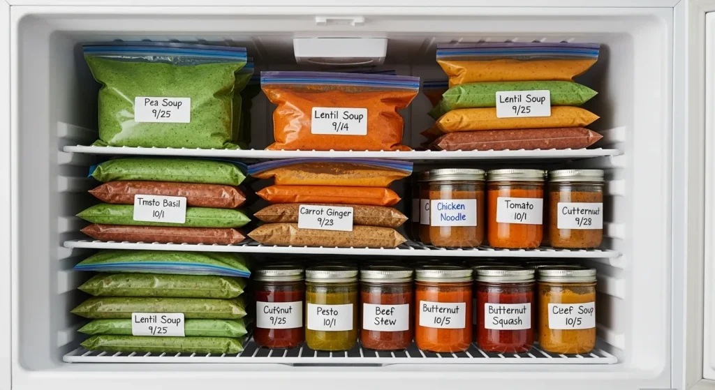 freezer shelves with dated soup bags.