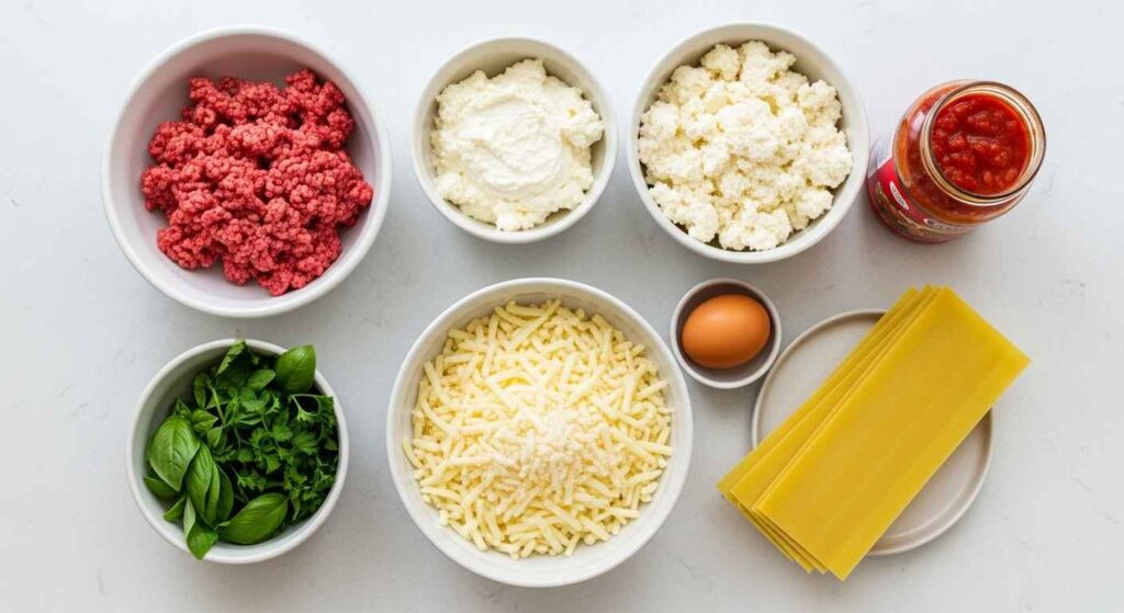 Array of lasagna recipe ingredients.