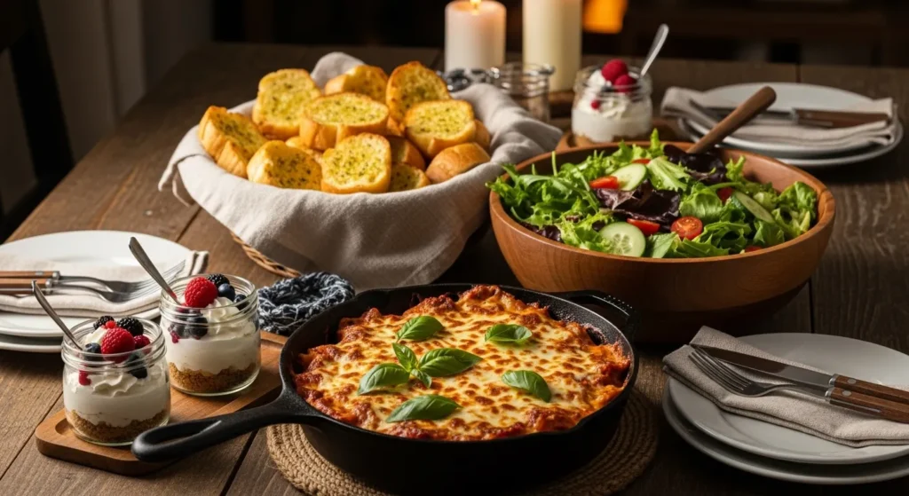 Skillet lasagna served with salad and cheesecake dessert.
