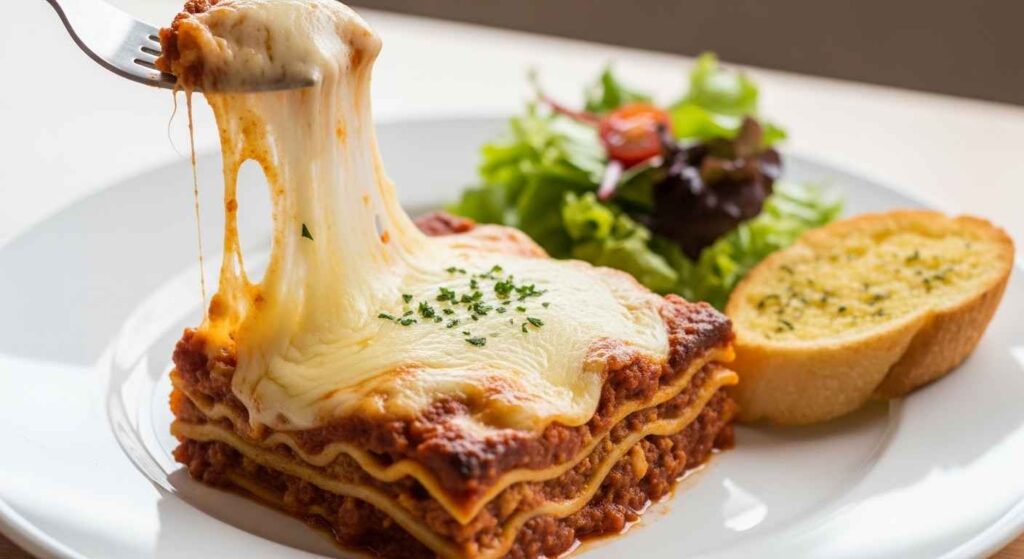 Plated lasagna portion with fresh sides.