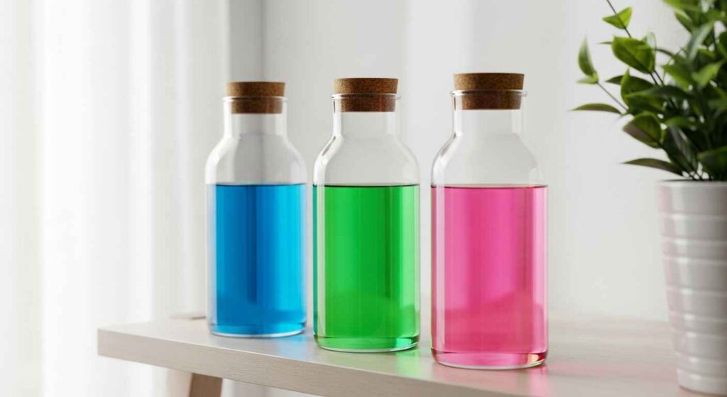 Reusable glass containers with homemade laundry detergent on a shelf.