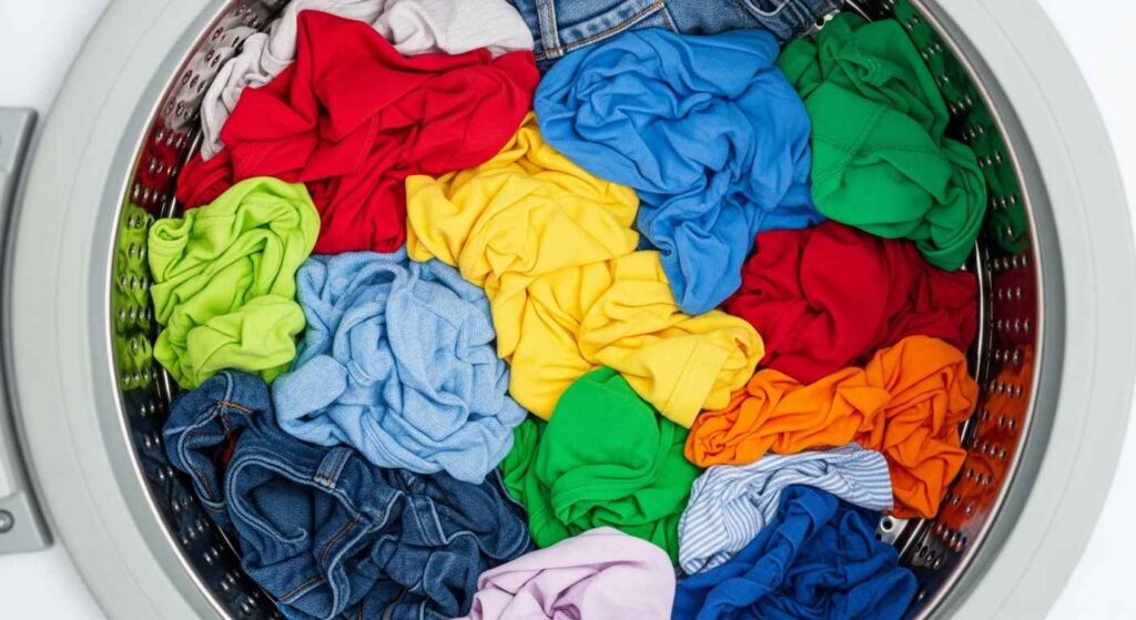 Washing machine filled with clean clothes using homemade laundry detergent.