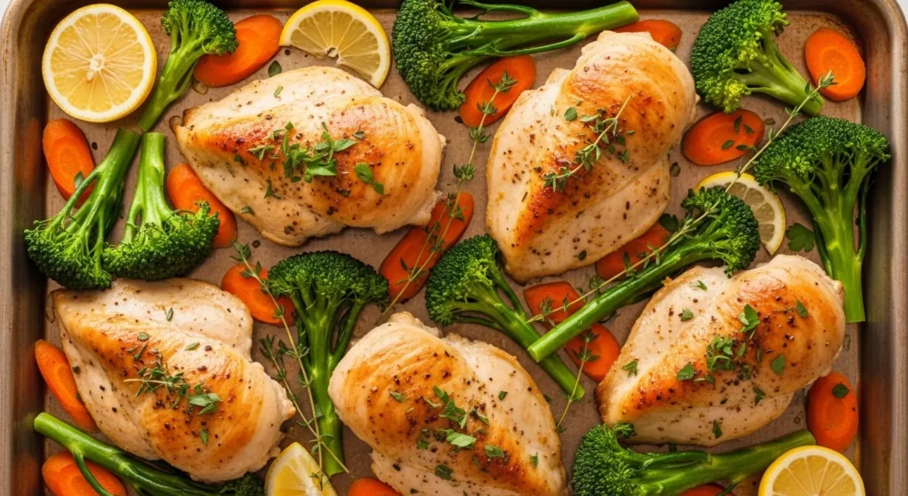 Oven-baked chicken breasts with broccoli and carrots on a metal sheet pan.