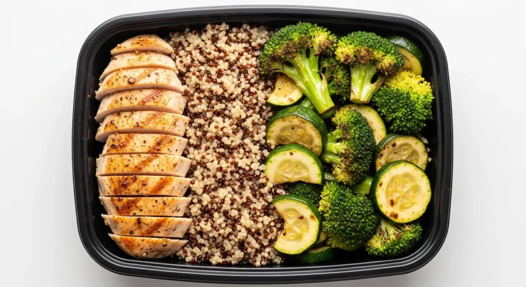 Diabetic-friendly lemon garlic chicken meal prep with broccoli and quinoa.
