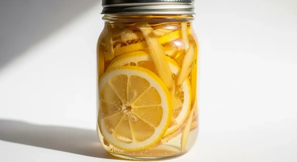 Glass jar with sliced lemons and ginger in brine for fermentation.