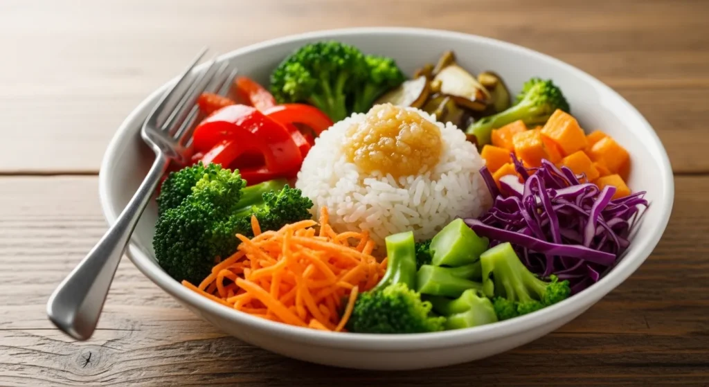 A spoonful of lemon ginger ferment on a rice bowl with veggies.