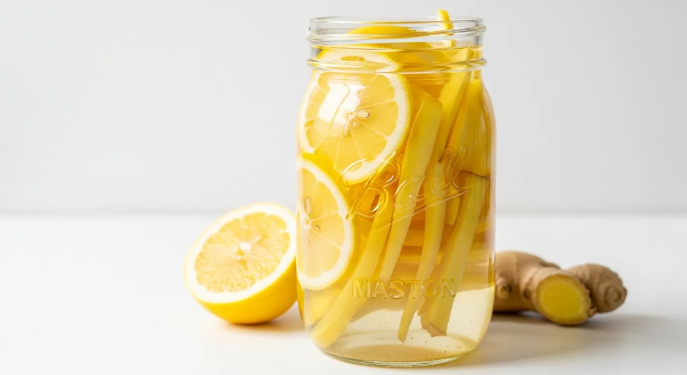Glass jar with lemon slices and ginger for fermentation.