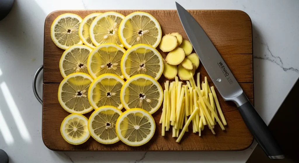 Sliced lemons and ginger matchsticks on a wooden cutting board.