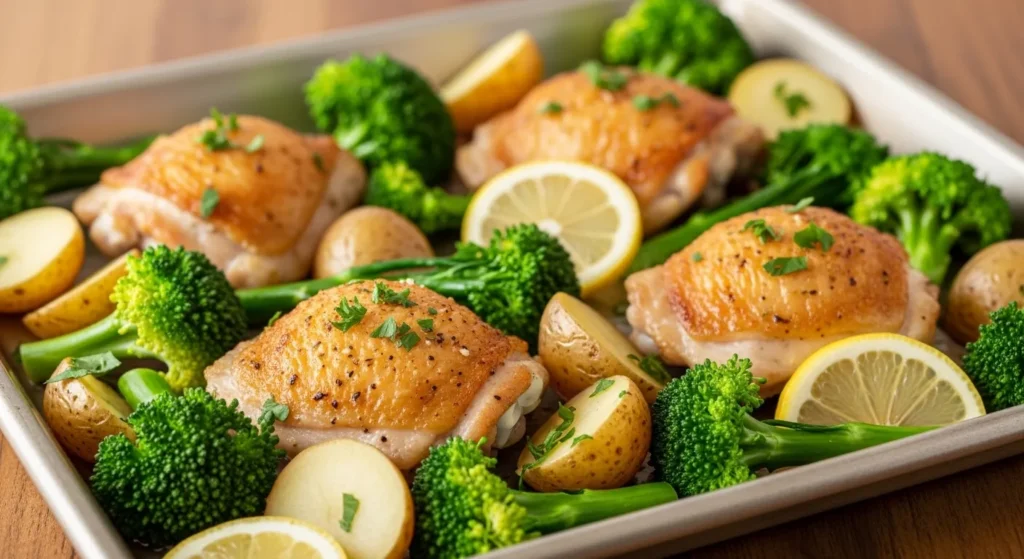 Chicken thighs, potatoes, and broccoli on a baking sheet.