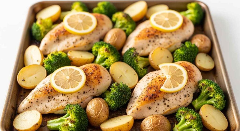 One-pan lemon herb chicken dinner with roasted potatoes and broccoli on a baking sheet.