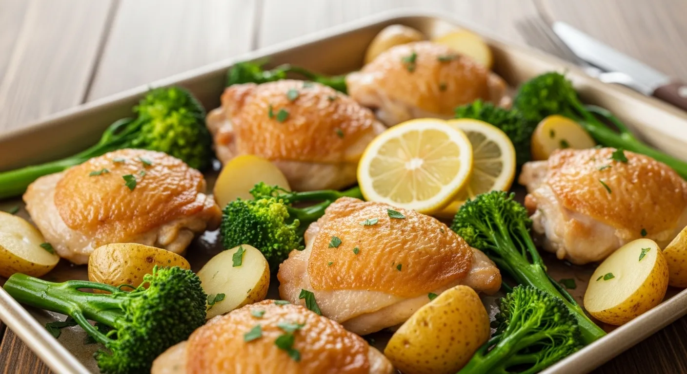 One-pan chicken with potatoes and broccoli.