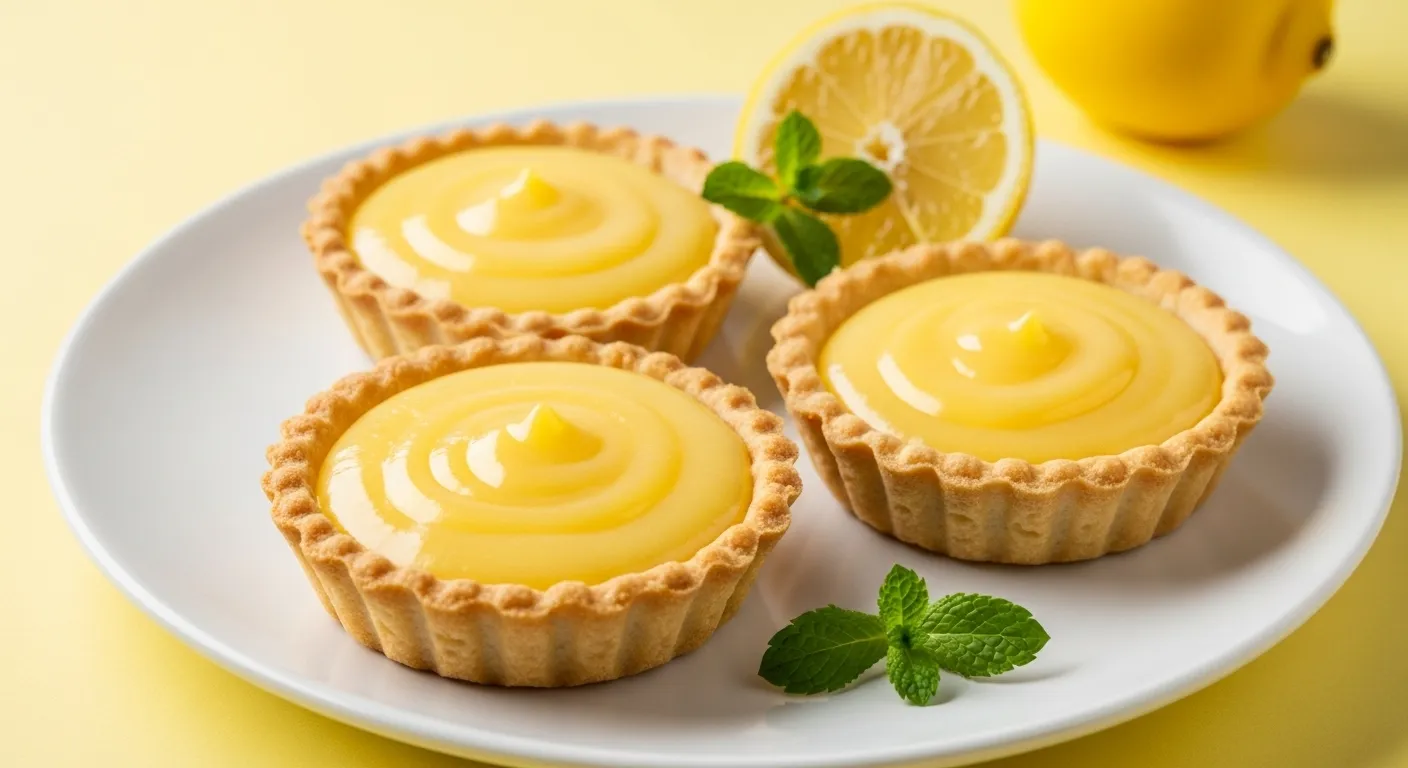 Homemade lemon curd tartlets with fresh lemon garnish.