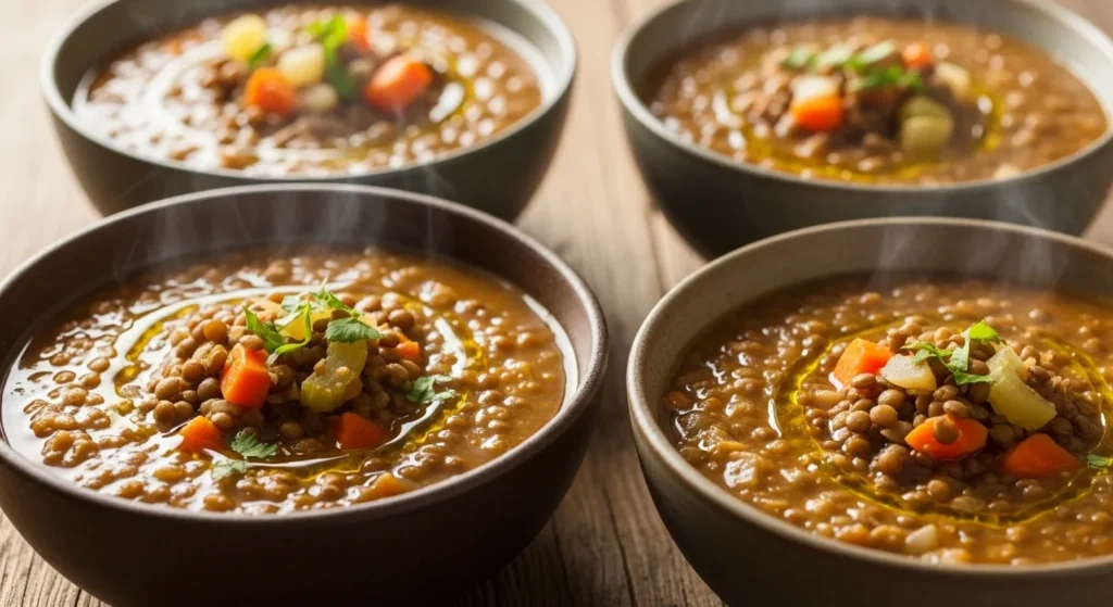 Meal prep lentil soup in bowls.