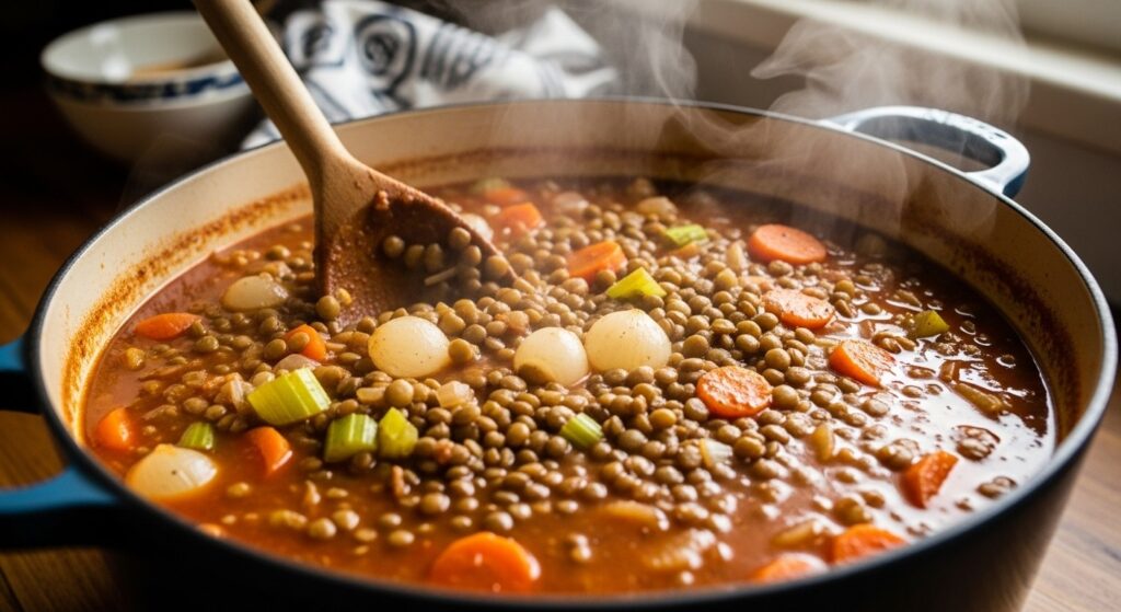 Hearty lentil vegetable stew in portions.