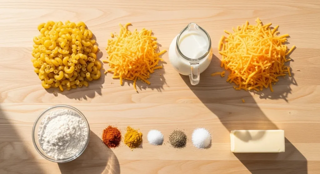 Ingredients laid out for homemade mac and cheese
