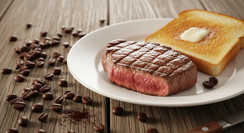Seared steak, toast, and roasted coffee showing brown colors
