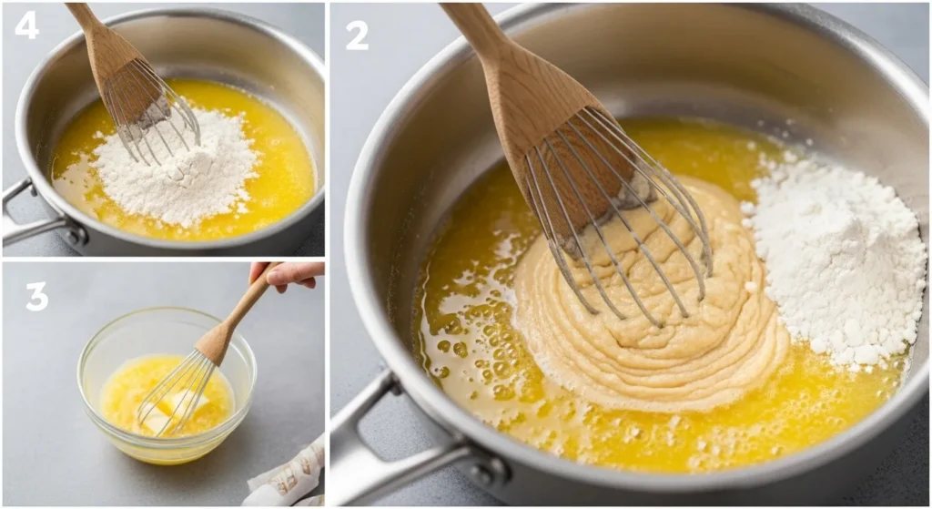 Hands whisking butter and flour roux in saucepan for enchilada sauce