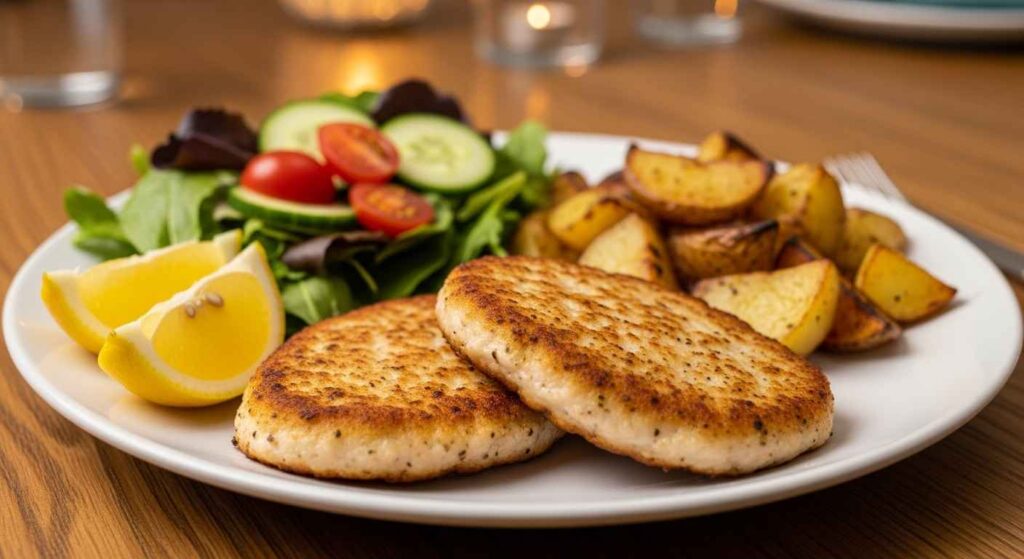 Plated matzo meal chicken with lemon and greens.