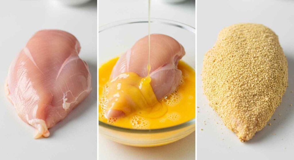 Chicken breast being dipped in matzo meal mixture.