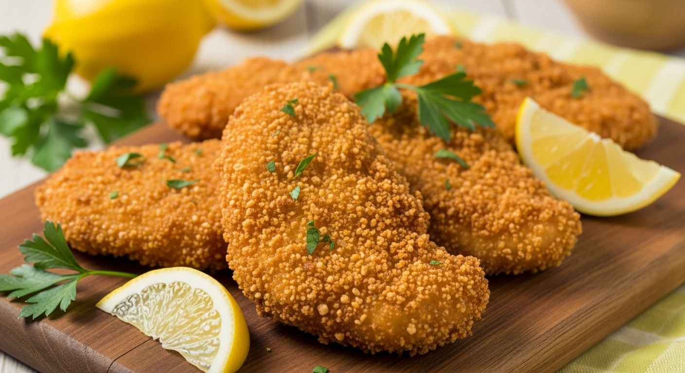 Crispy matzo meal coated chicken thumbnail for recipe post.