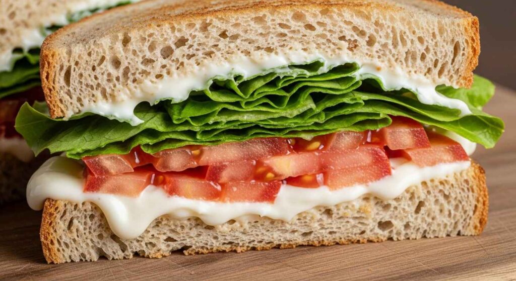 Homemade mayo spread on sandwich with veggies.