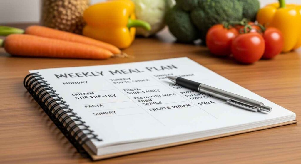 Open notebook with handwritten meal plan and grocery list on a kitchen counter.
