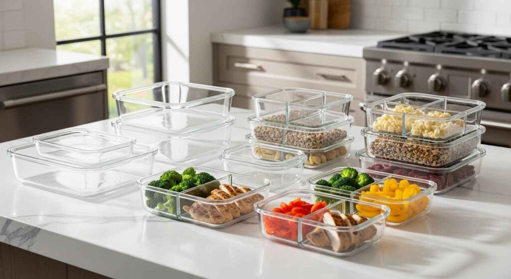 Various glass meal prep containers in different sizes arranged on kitchen counter