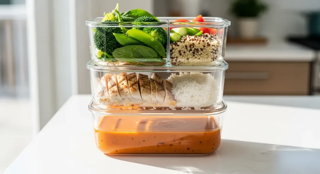 Stack of glass airtight containers with colorful meal prep inside.