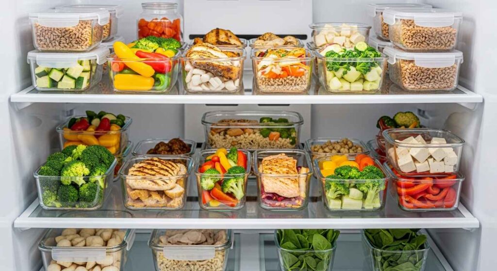 Multiple glass containers with prepared healthy meals arranged in refrigerator