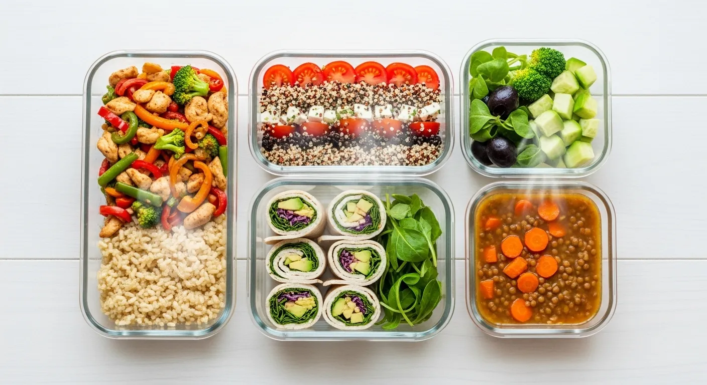 Thumbnail of meal prep ideas for work lunches with stir-fry, salad, wraps, and soup.