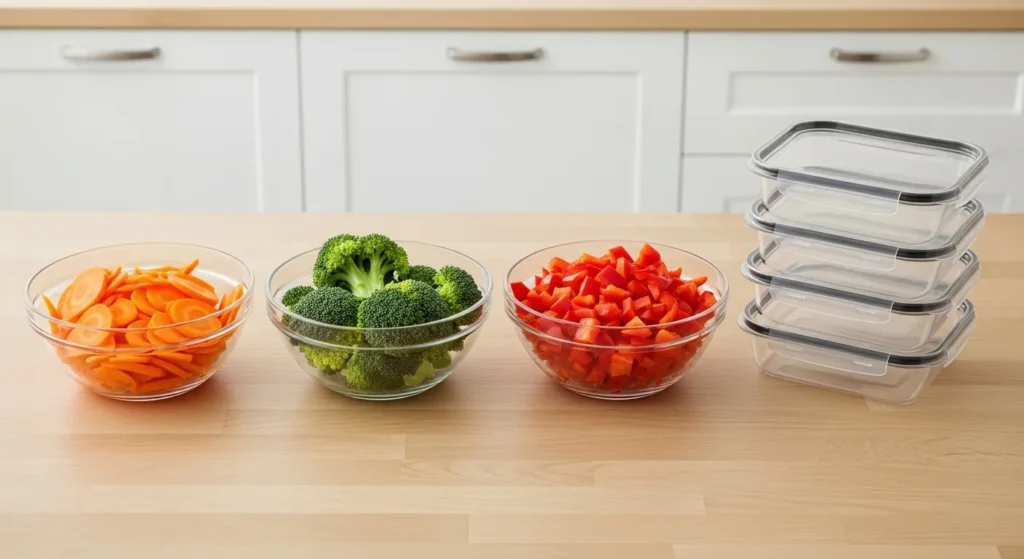 Chopped vegetables in bowls on a kitchen counter for meal prep.