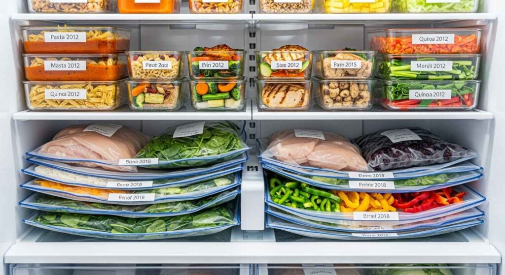 Glass containers and labeled freezer bags showing proper storage methods for slow cooker meal prep