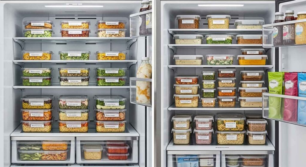Open refrigerator and freezer showing organized meal prep containers with labels