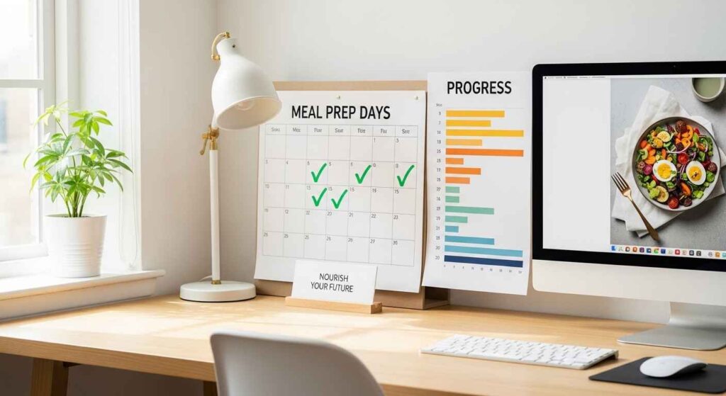 Calendar and progress chart showing meal prep consistency over weeks