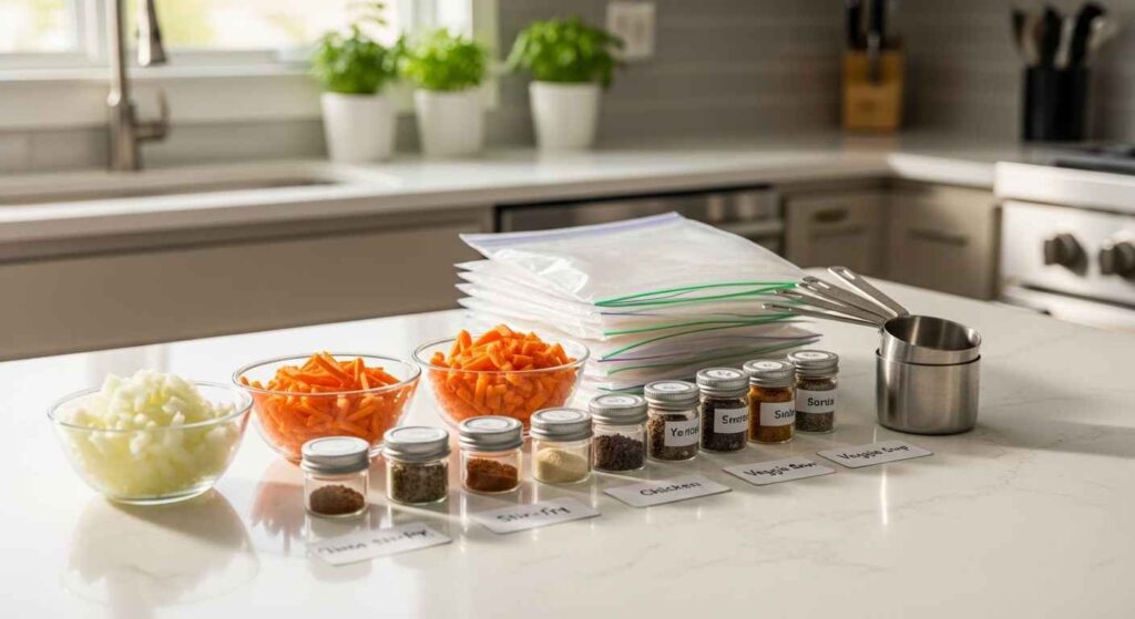 Kitchen counter with chopped vegetables, measured spices, freezer bags, and labels ready for slow cooker meal prep