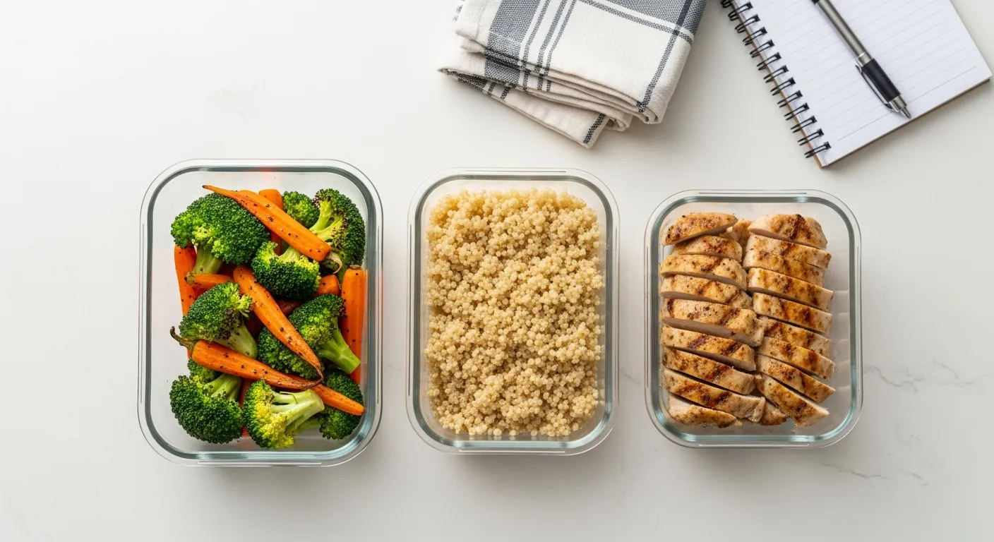 Glass containers with prepped meals on a kitchen counter.