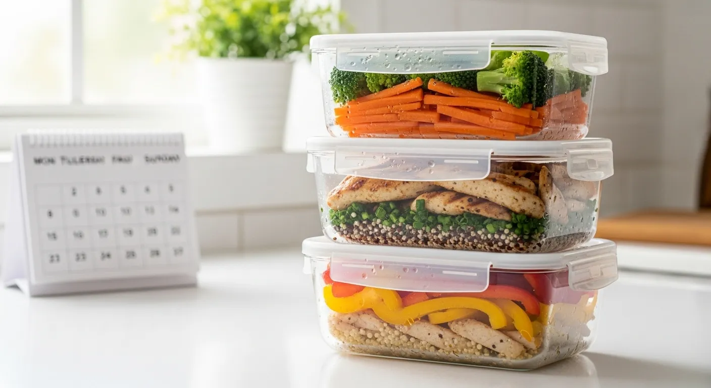 Vibrant stacked meal prep containers with fresh veggies and proteins.