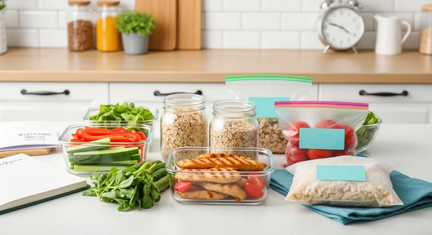 Thumbnail of meal prepping tips with prepped foods on kitchen counter.