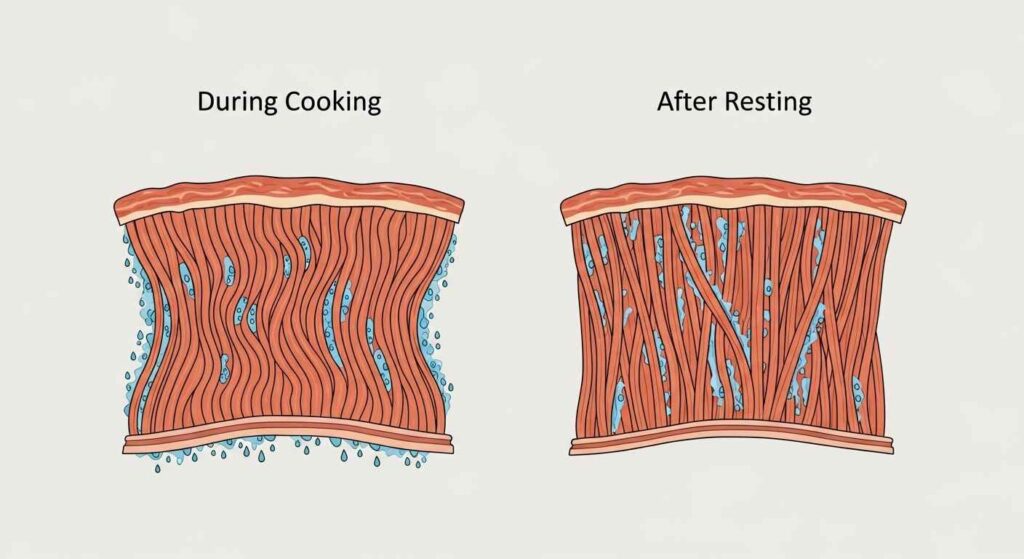 Diagram showing contracted muscle fibers during cooking versus relaxed fibers after resting