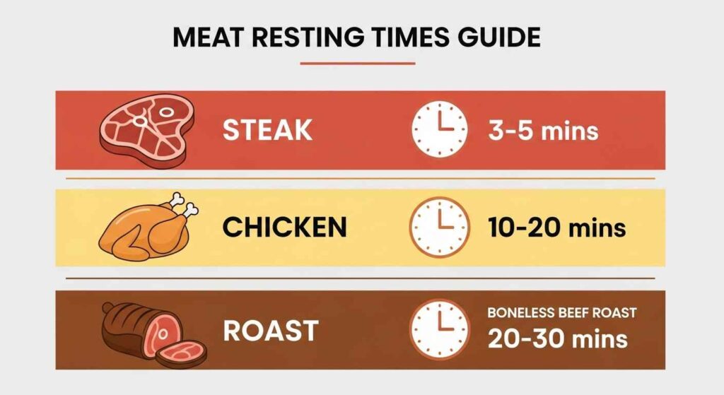 Visual chart showing resting times for various meat cuts from steaks to large roasts