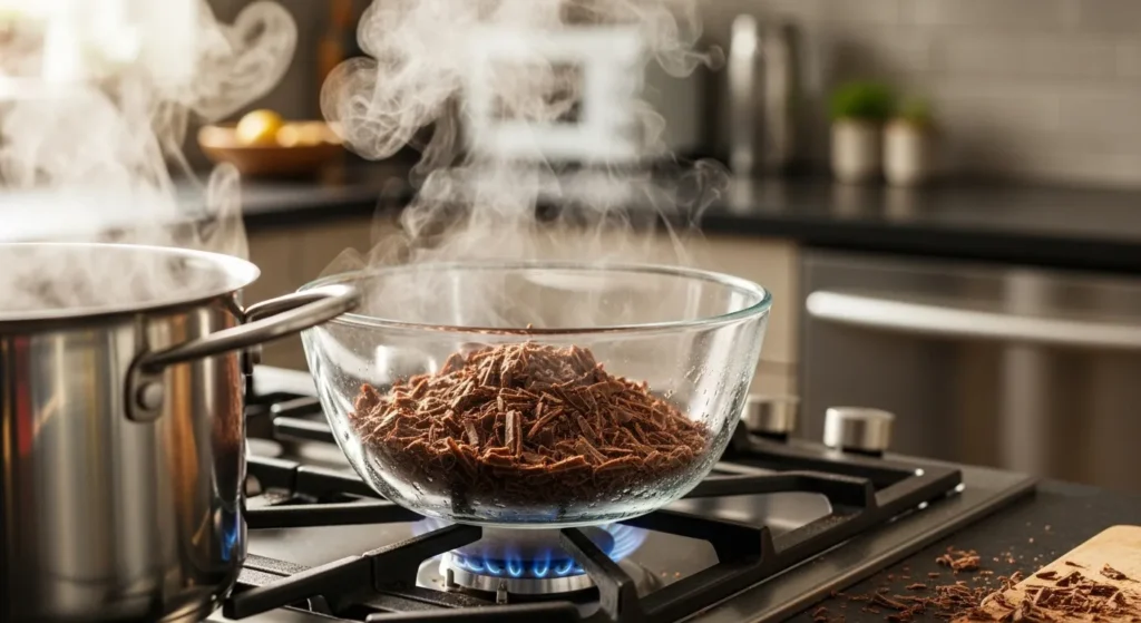 Chopped chocolate in bowl over simmering pot.